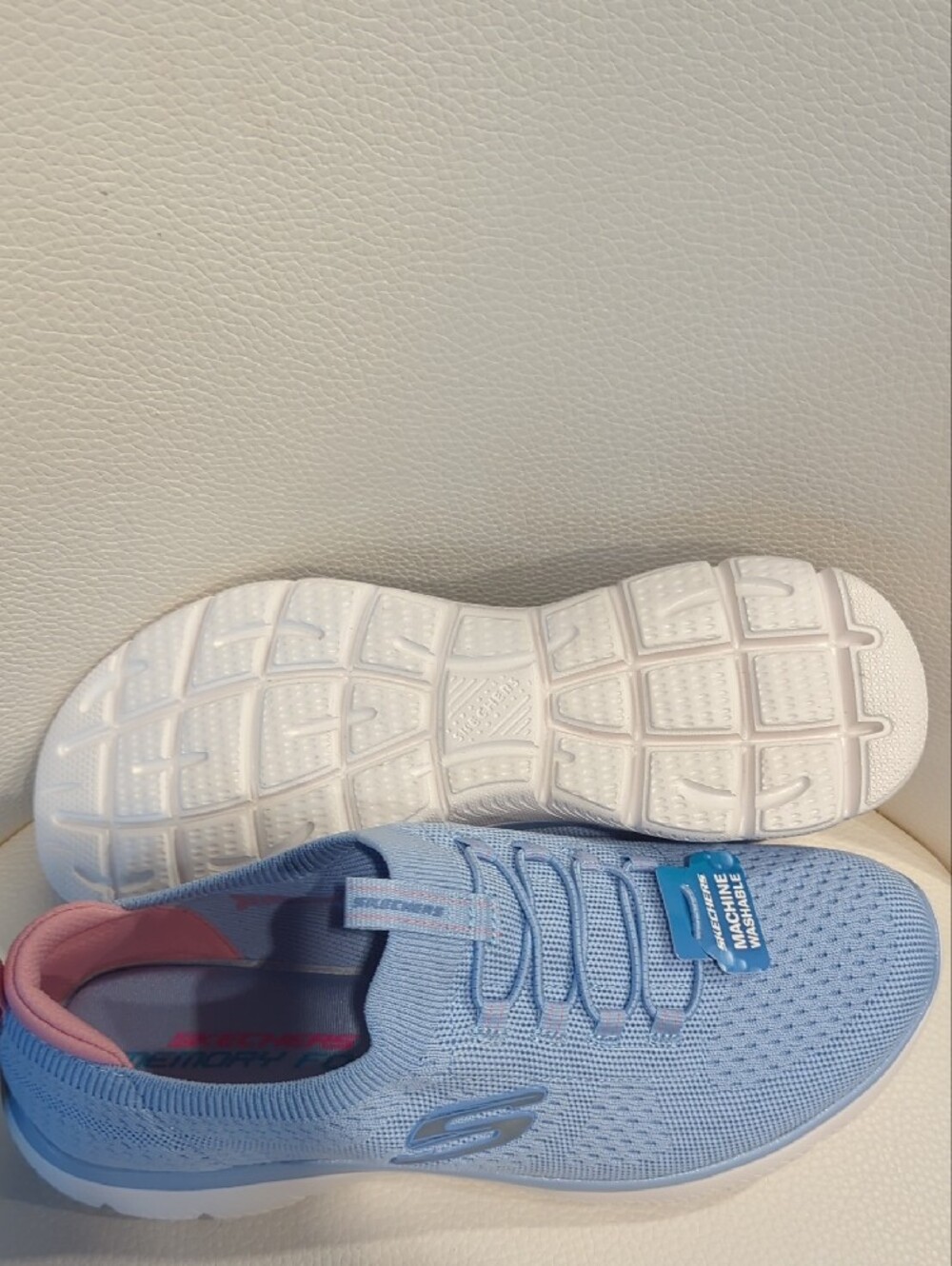 Skechers Women’s Light Blue Slip-On Knit Sneakers with Pink Lining - Picture 4 of 4